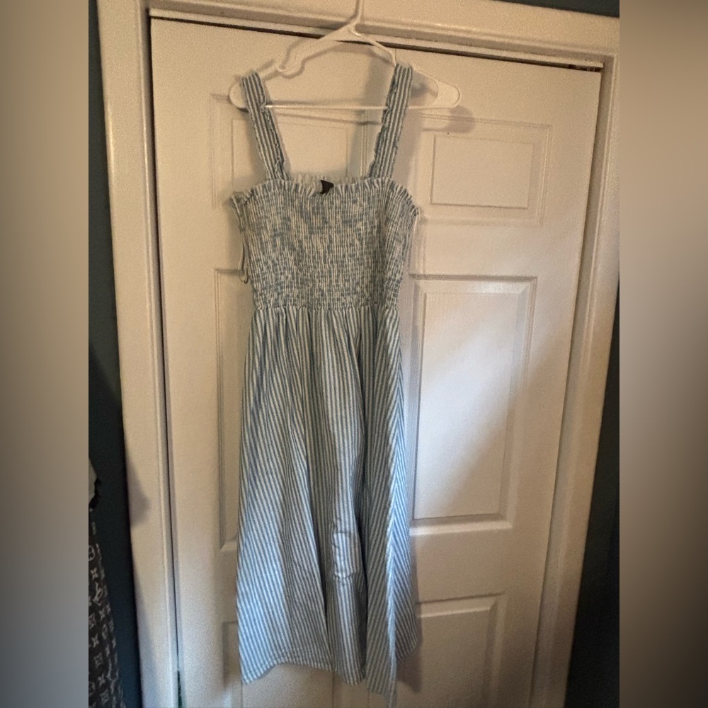 Chelsea & Theodore Blue and White Striped Maxi Dress